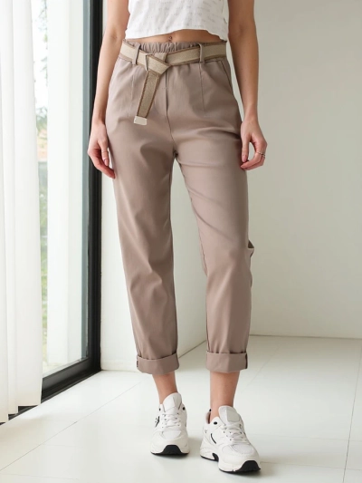 Royalfashion Дамски прави тъкани панталони с колан