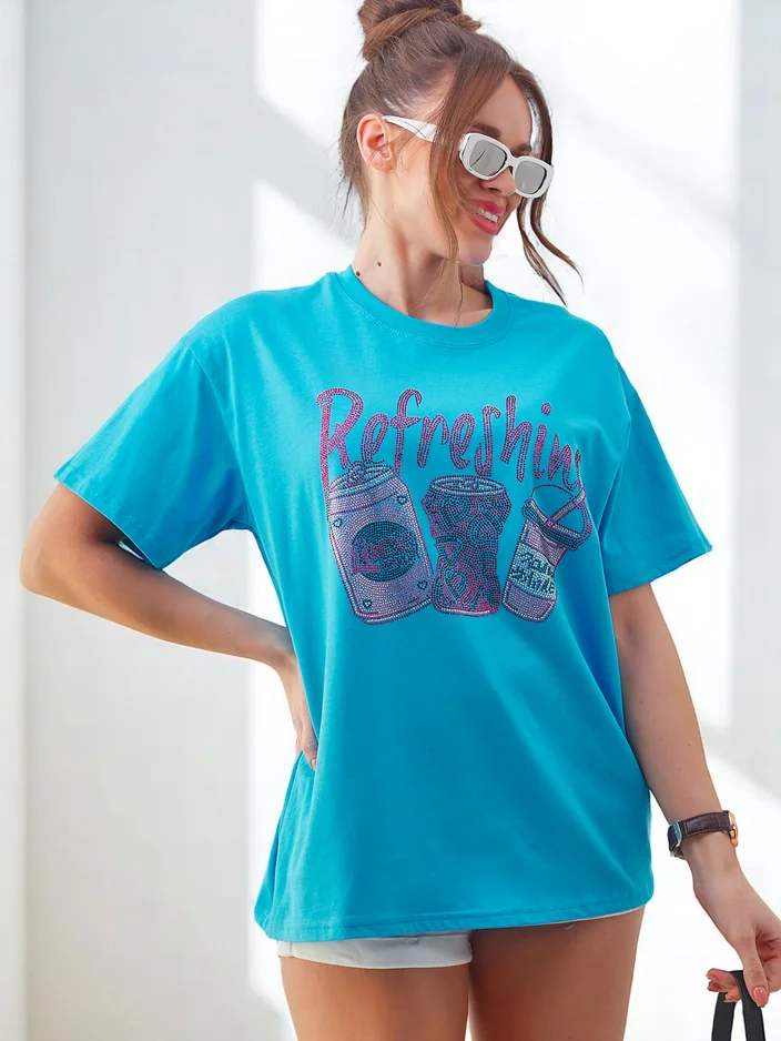 Royalfashion Дамска памучна тениска с принт от камъни