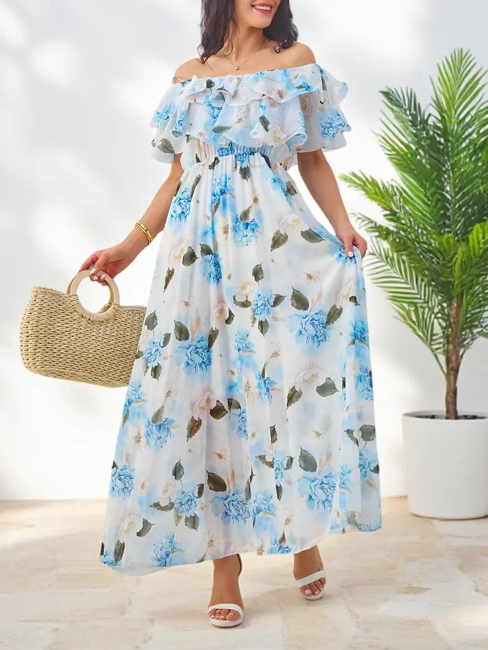 Рокля с открити рамене и къси ръкави в цвят на цветя от Royalfashion