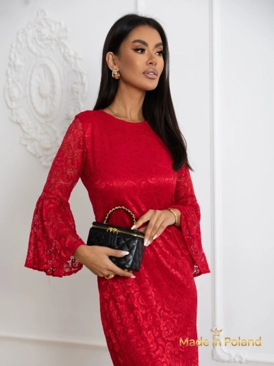 Дамска миди рокля с дантела и широки ръкави Holly Wow