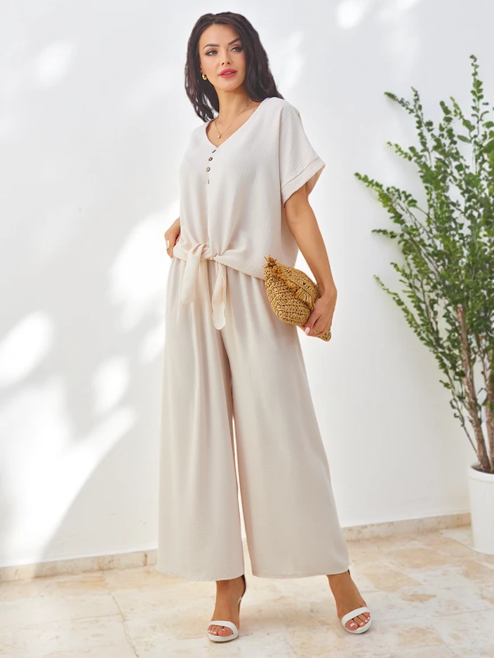 Royalfashion Дамски ежедневен комплект с блуза с къс ръкав и широки панталони