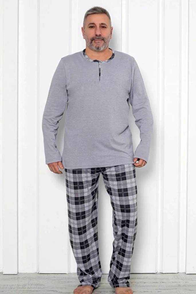 Royalfashion Мъжки памучни пижами на каре ПЛЮС РАЗМЕР