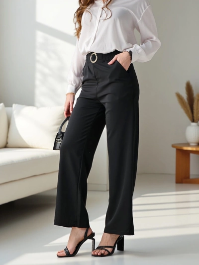 Royalfashion Широки дамски панталони с декоративна катарама