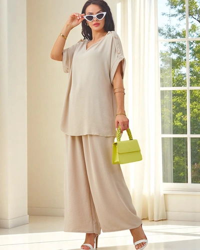 Royalfashion дамски памучен комплект с къси ръкави и разкроени панталони