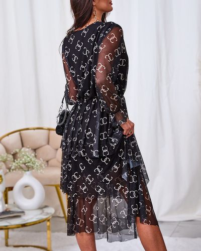 Royalfashion Черна мрежеста миди рокля с принт