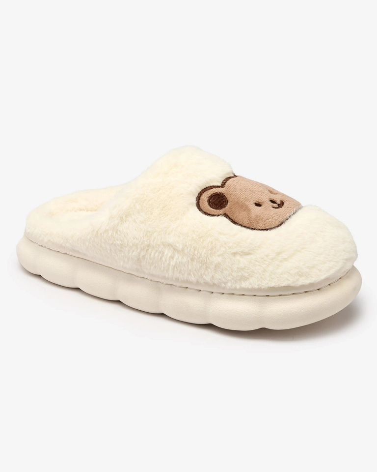 Royalfashion Бели дамски чехли от естествена кожа с плюшено мече Hettres