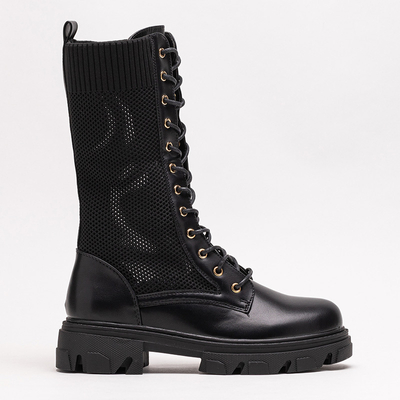 Ażurowe czarne damskie botki sznurowane Buhomi - Obuwie