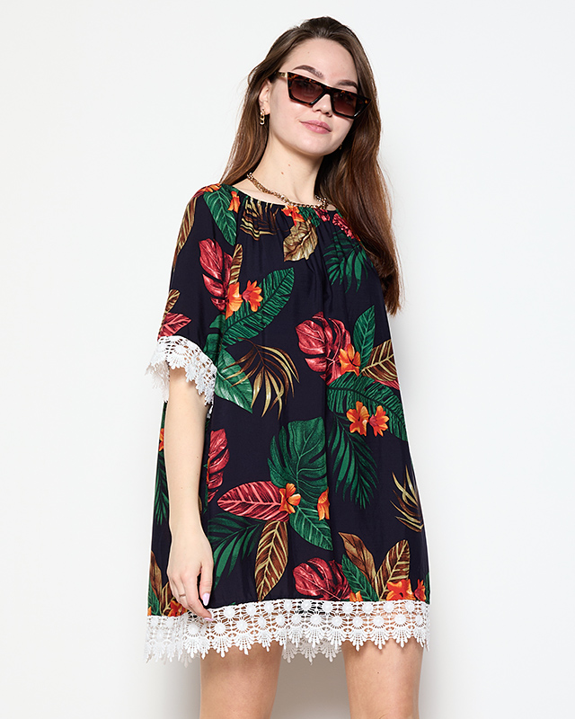 Granatowa tunika damska w kwiatki - Odzież