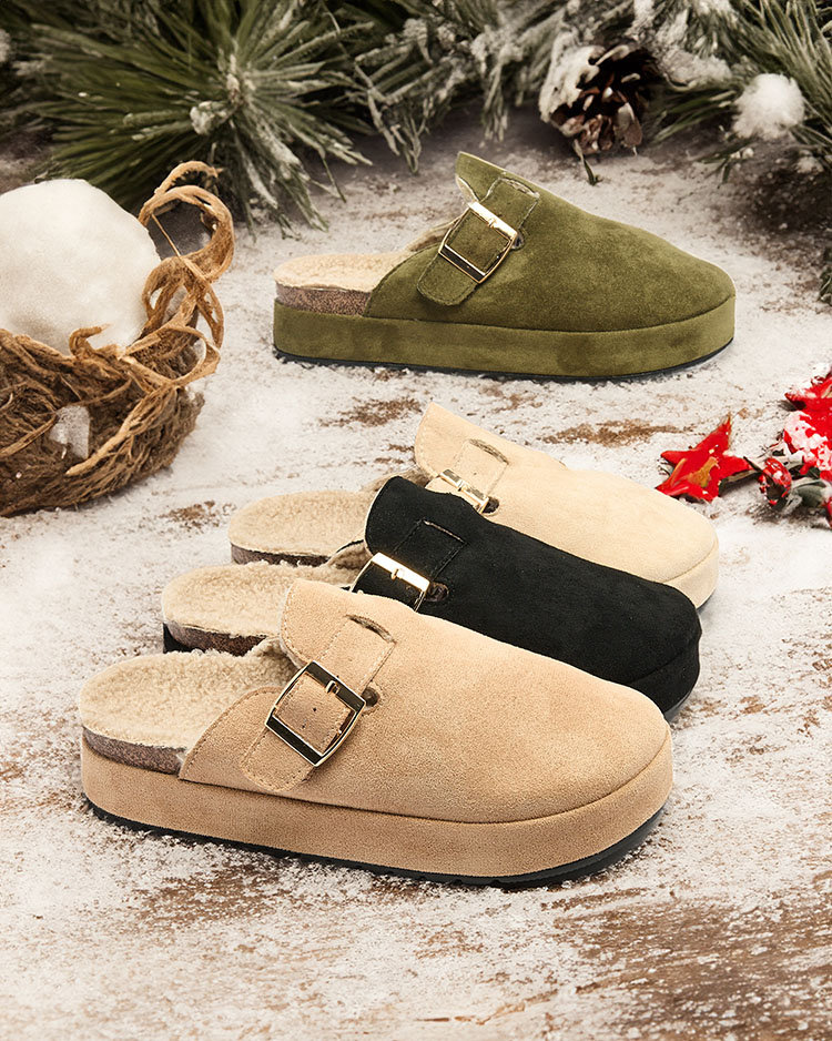 Royalfashion Дамски чехли с овча кожа и катарама Kajis