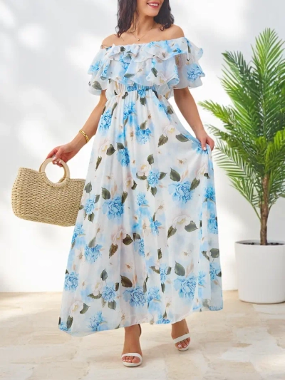 Рокля с открити рамене и къси ръкави в цвят на цветя от Royalfashion