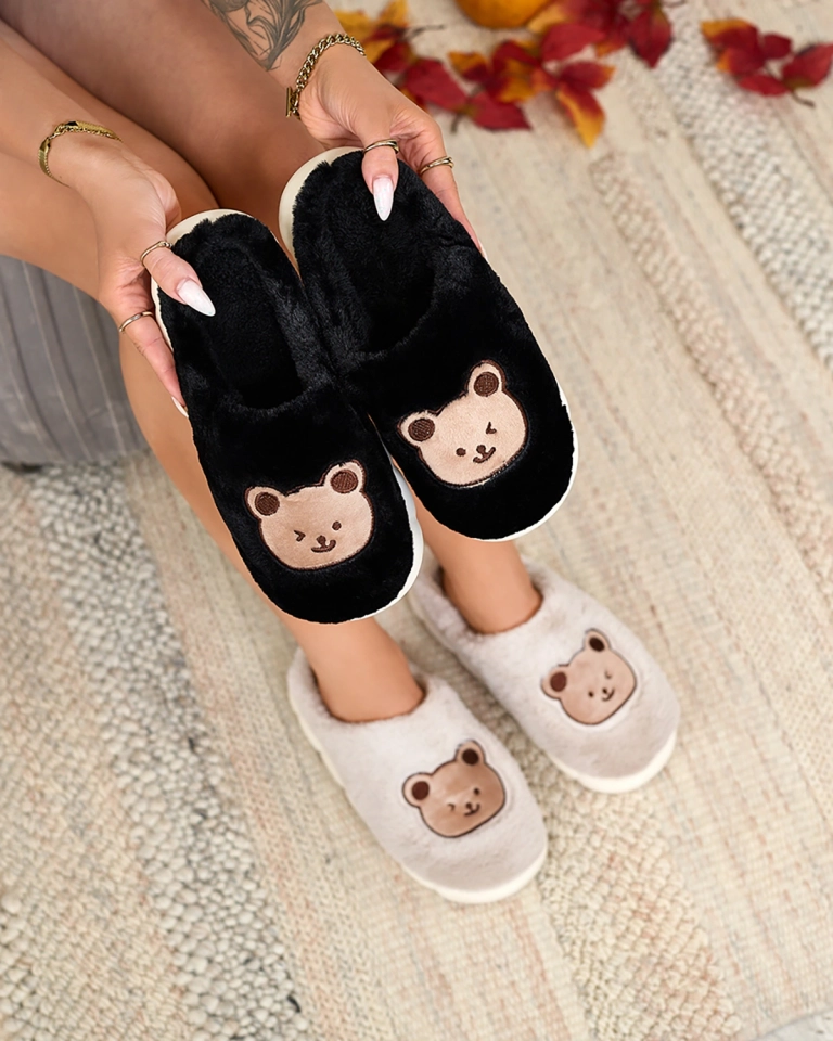 Royalfashion Черни дамски чехли от естествена кожа с плюшено мече Hettres