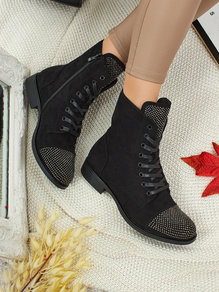 Дамски еко велурени боти с връзки и цирконии Marvelli