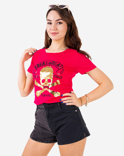 Fuksjowy damski t-shirt z cekinami i napisami - Odzież