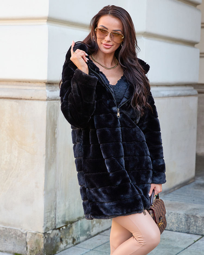 Royalfashion Черно дамско палто от естествена кожа