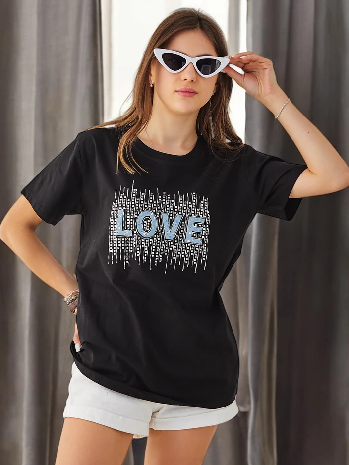 Royalfashion Дамска памучна тениска LOVE с камъни