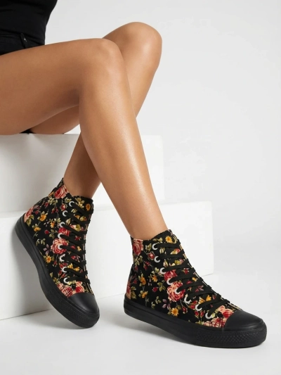 Royalfashion Дамски високи черни маратонки с флорален принт Fahenna