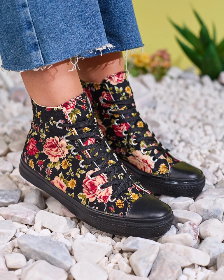 Royalfashion Дамски високи черни маратонки с флорален принт Fahenna