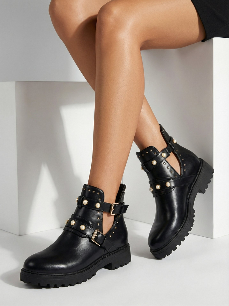 Royalfashion Черни дамски ботуши с украса и плосък ток Pearl Elegance