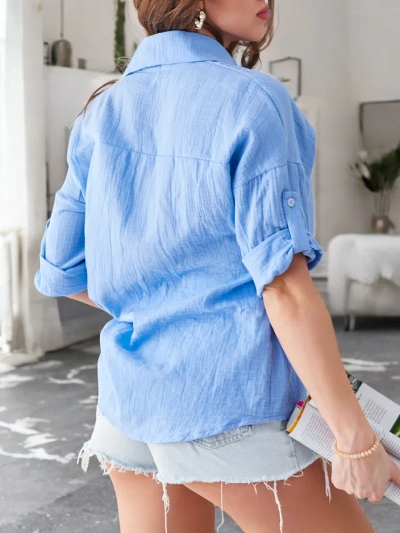 Рокля Royalfashion от памук с релеф, V-образно деколте и ръкави 3/4