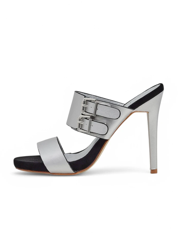 Сандали Aletheia сребърни на ток 12см екологична кожа с каишки