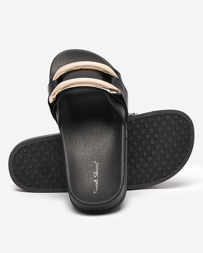 Czarne damskie klapki ze złotą ozdobą Serina - Obuwie