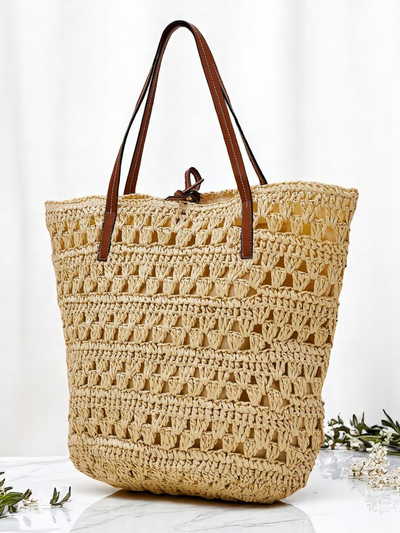 Royalfashion Голяма дамска чанта от слама - Натурален класически стил