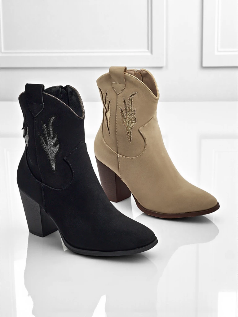 Дамски каубойски ботуши на ток с декоративни вложки Cendria