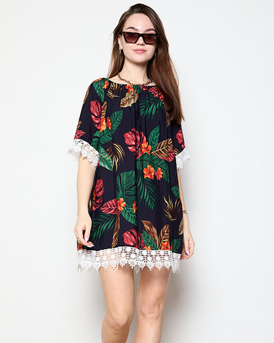 Granatowa tunika damska w kwiatki - Odzież