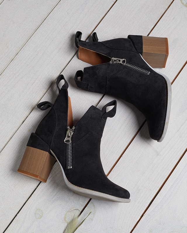 Czarne damskie botki na kwadratowym słupku Darera - Obuwie