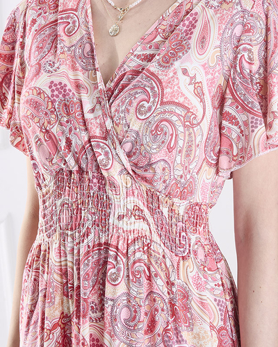 Розова дамска миди рокля с десен Облекло