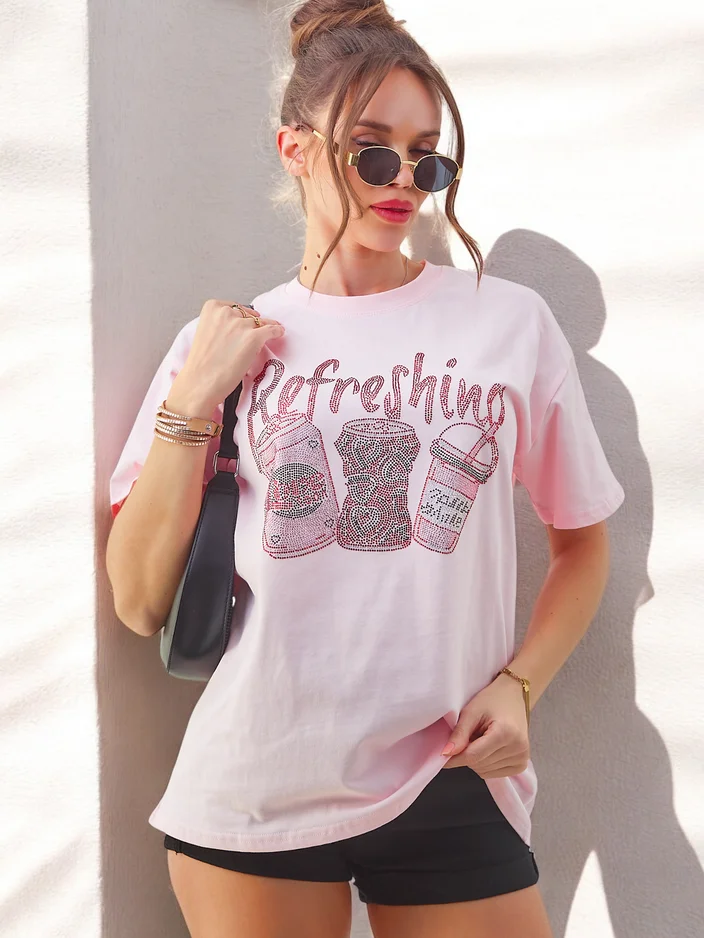 Royalfashion Памучна тениска за жени с принт от камъчета