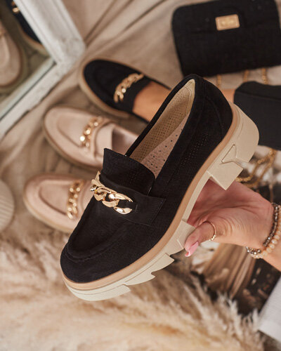 Мокасини от екокожа със златна украса в черно Zaffix- Footwear