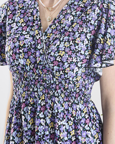 Дамска черна дълга рокля с лилави цветя - Облекло