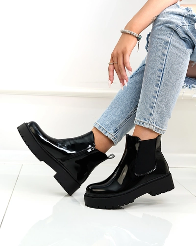 Royalfashion Черни лакирани дамски ботуши без ток Гланциран шик