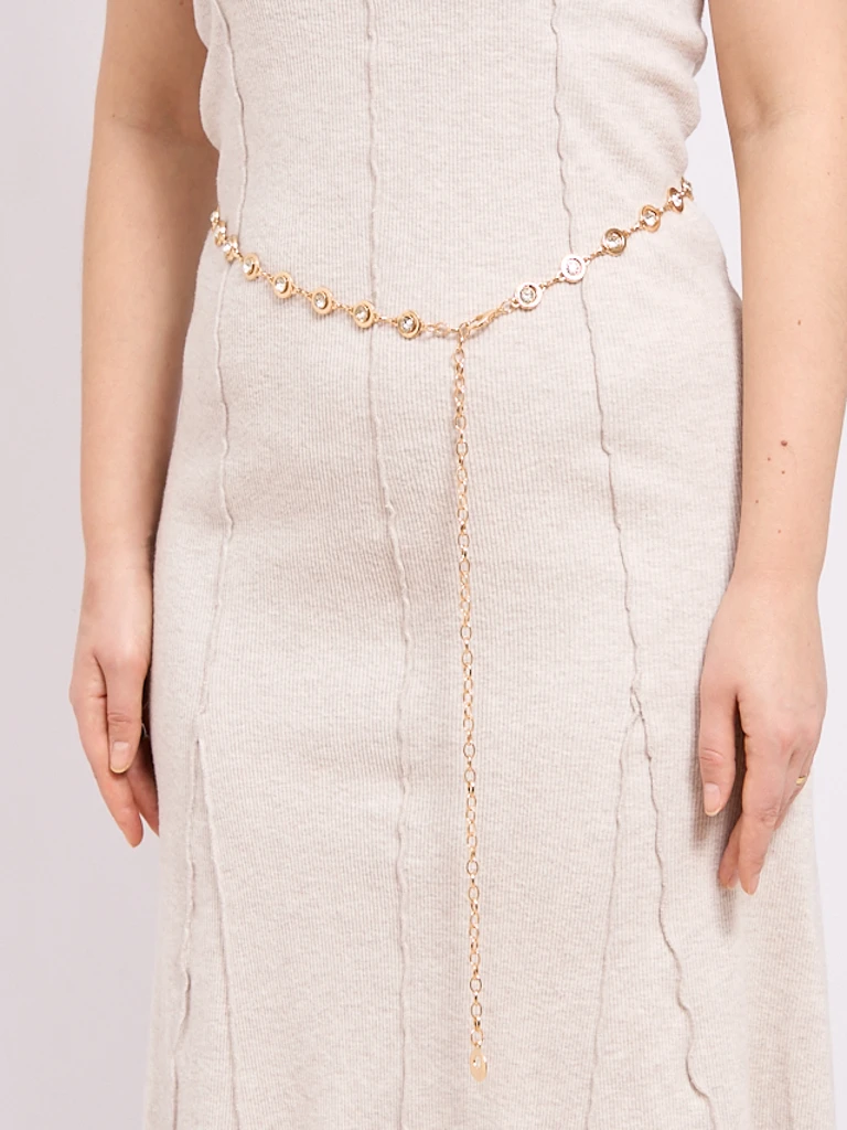 Aurelia Bella Donna – дамски метален колан с кристали, златен 115 см