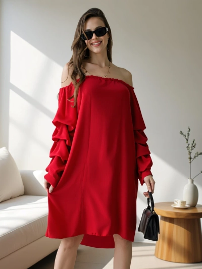 Royalfashion Гладка дамска рокля а'ла испанска с волани