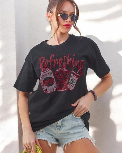 Royalfashion дамска памучна тениска с печат от камъчета