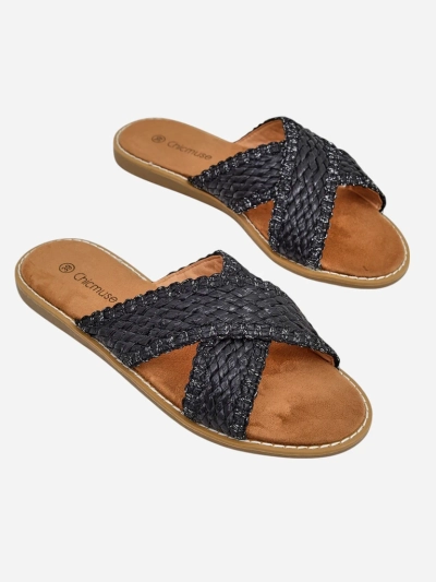 Дамски сандали Calista Nero плоски, черна плетка, екологична кожа