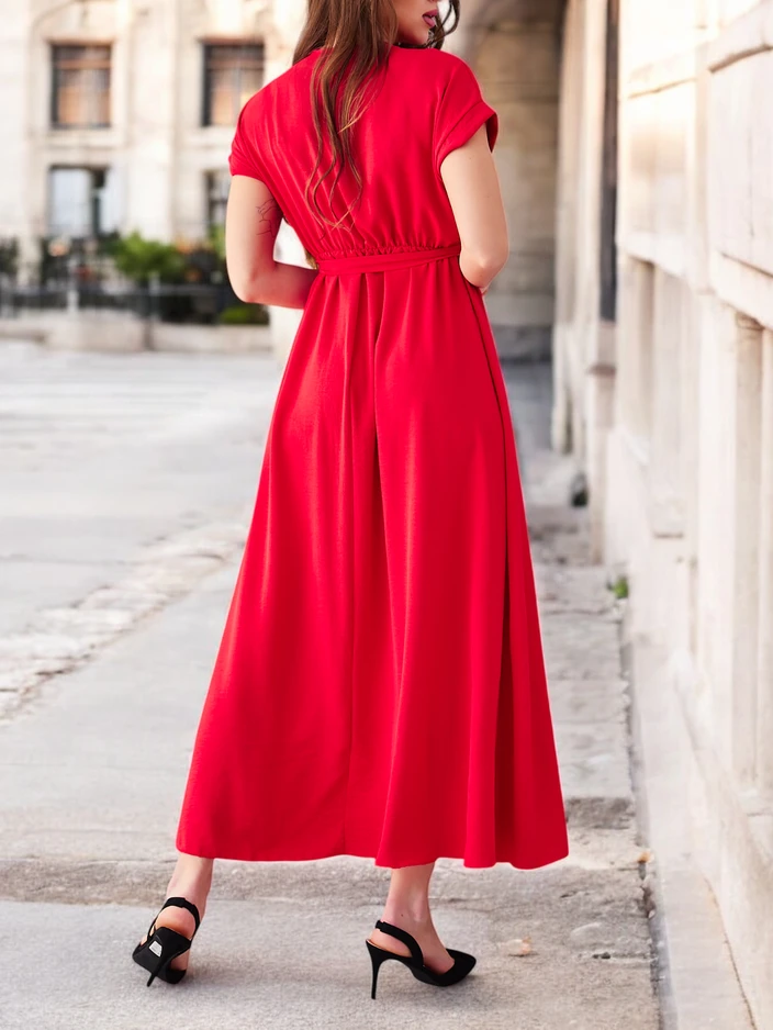 Рокля миди Royalfashion за жени с обло деколте, къси ръкави и колан