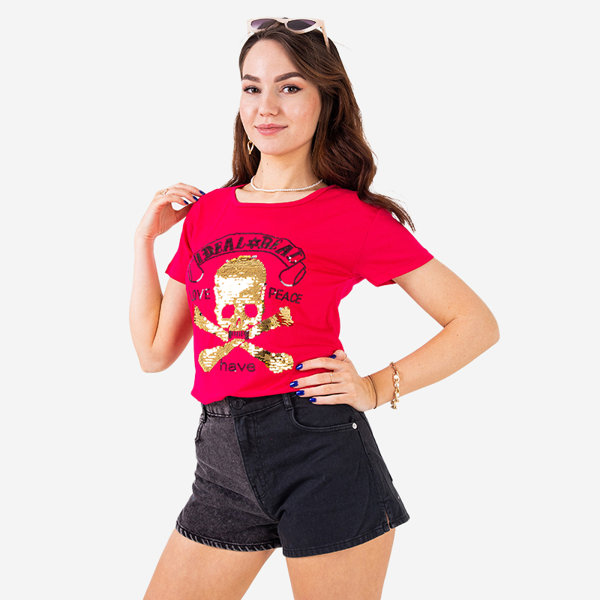 Fuksjowy damski t-shirt z cekinami i napisami - Odzież