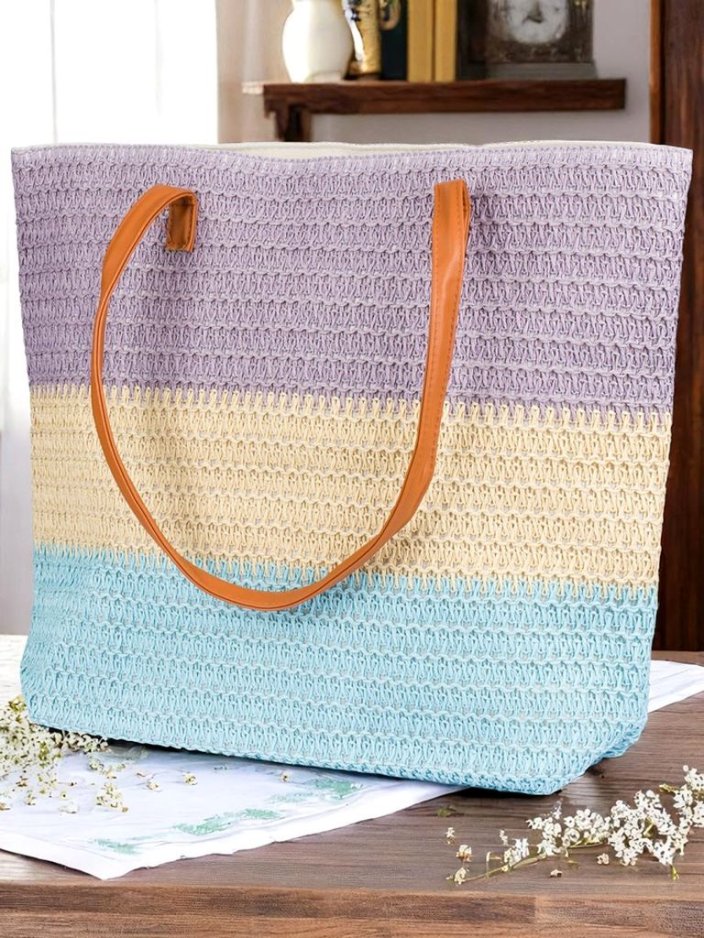 Royalfashion Голяма сламена дамска чанта с дръзки райета