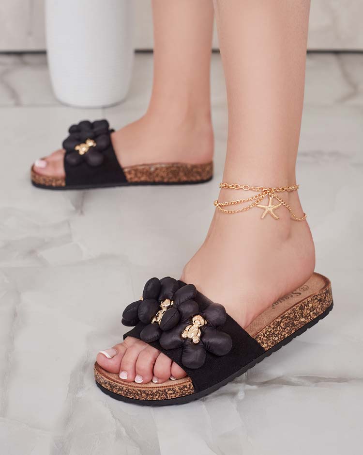 Royalfashion Дамски джапанки със златни мечета и цветя Isaralle