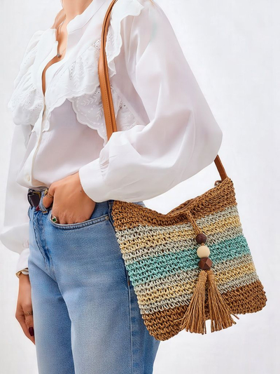 Royalfashion Малка сламена дамска чанта с райета, декоративен висулка Мини