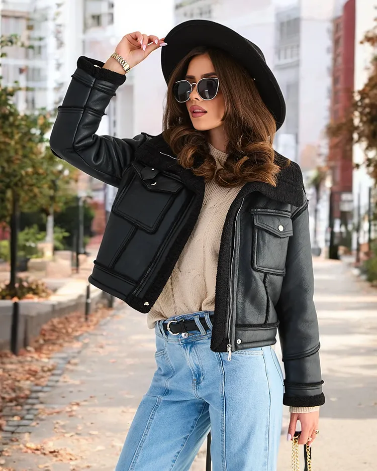 Royalfashion Дамско еко кожено яке с косъм в черен цвят