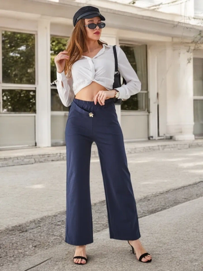 Royalfashion памучни широки дамски панталони с декорация, подобна на колан