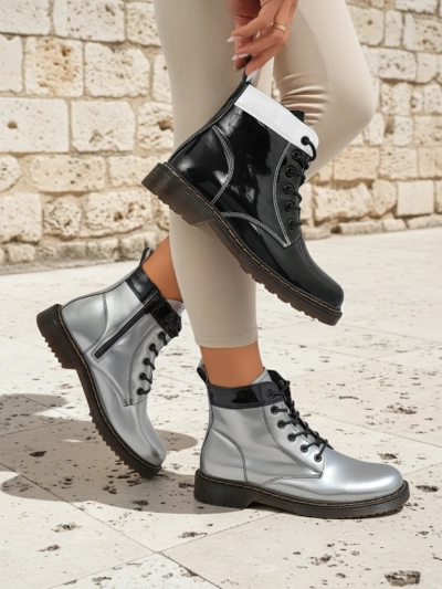 Дамски боти сребърни Celestina Eco Лачена кожа с цип