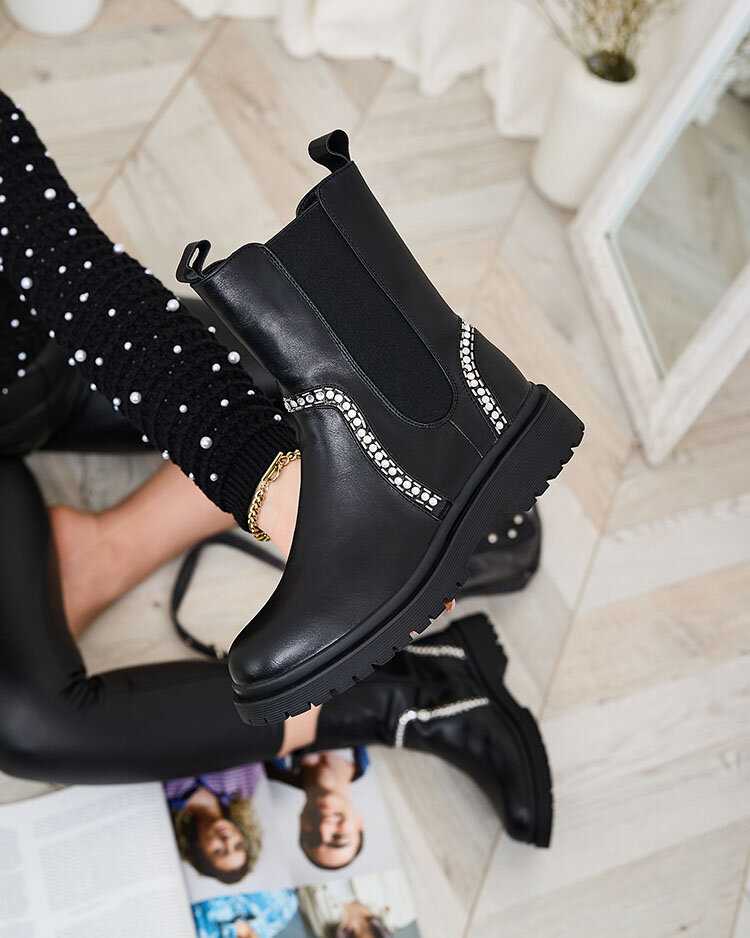 Royalfashion Черни дамски високи ботуши с кристали Seysiella