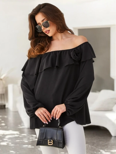 Royalfashion дамска блуза с открити рамене и волани и цвете
