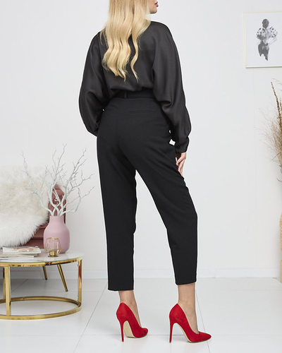 Дамска черна дълга сатенена блуза с връзки - Облекло