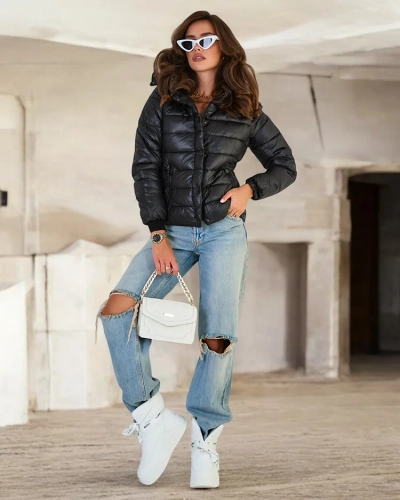 Royalfashion Черно дамско ватирано яке с качулка